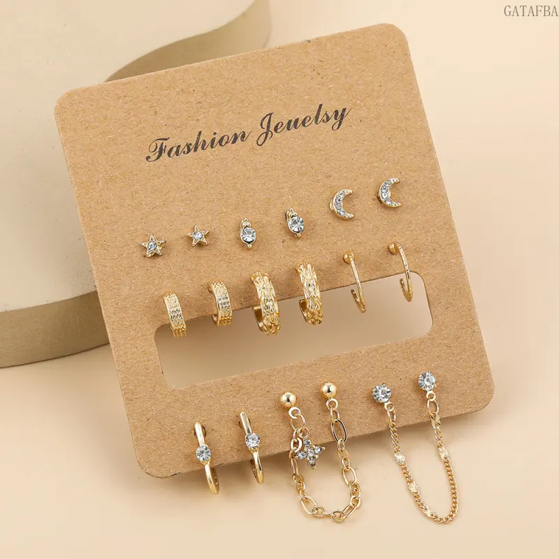Rhinestone Star & Moon Earring Set 9 Pieces, Ear Cuffs and Stud Earrings Jewelry for Women