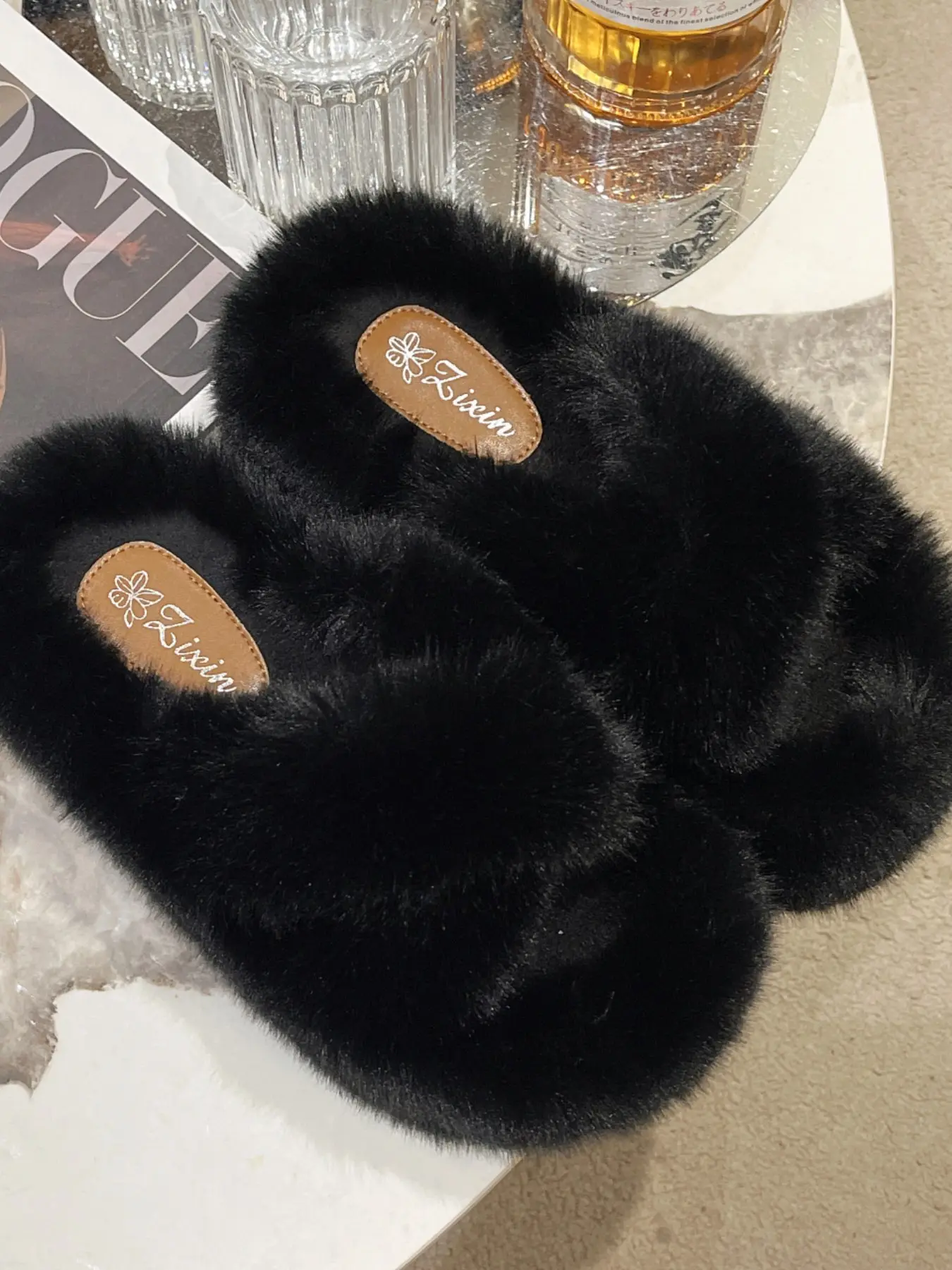 Women Fluffy Furry Platform Slide Sandals, Soft Faux Fur Open Toe Slippers, Thick Sole Elevator Plush Slides, Casual Indoor Outdoor Warm Cozy House Shoes