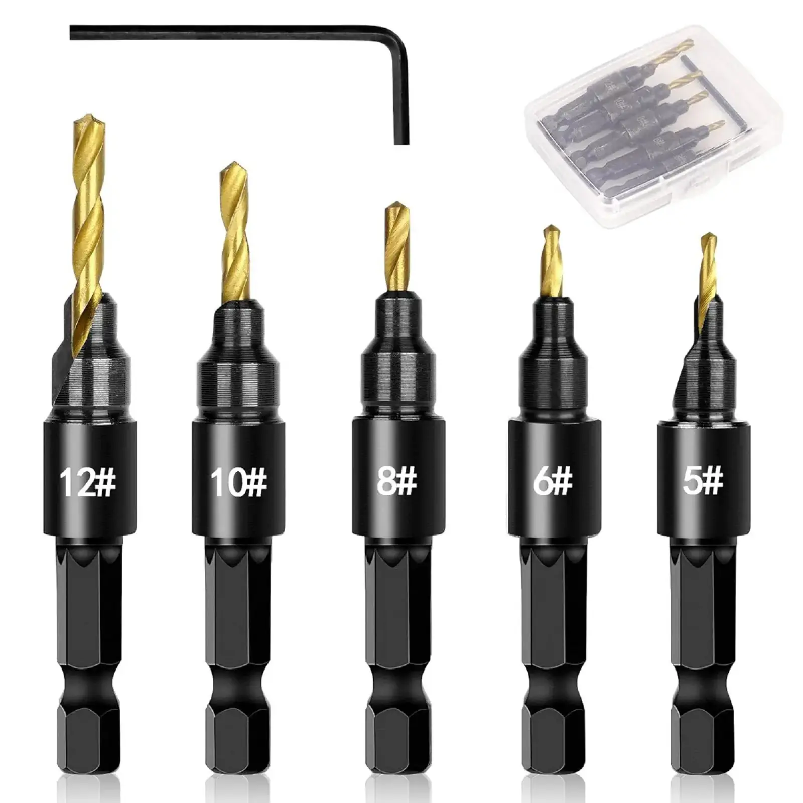 Countersink Drill Bit Set, 5 PCS Counter Sink Drill Bit Adjustable,#5,#6,#8,#10,#12, Used for Wood Countersink Drill Bit with Depth Stop Fathers Day Gifts