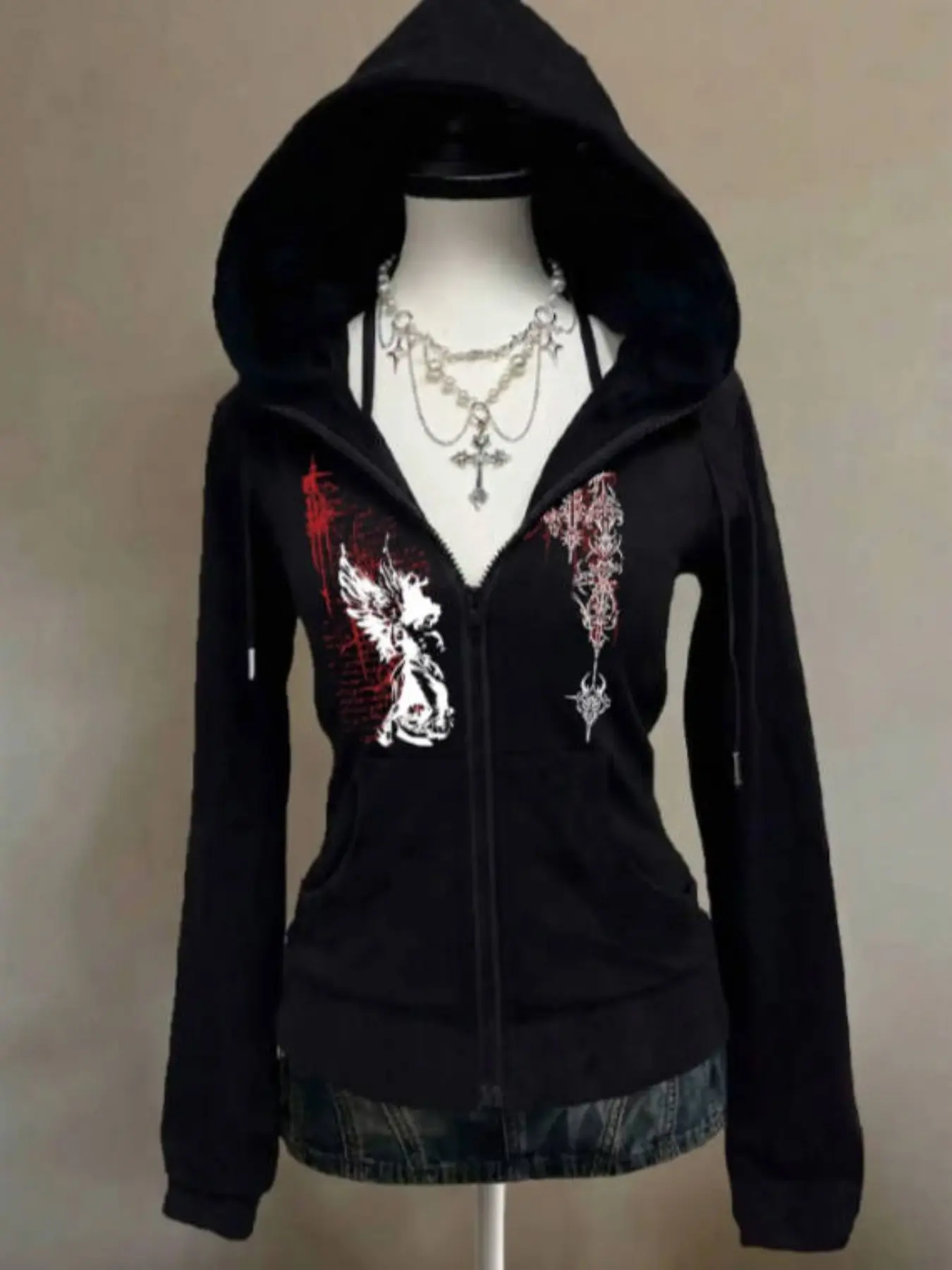 Women's Hooded Open Front Top with Zipper, Dark Angel Gothic Print, Fitted Waist, Short Sleeve, Casual Outerwear