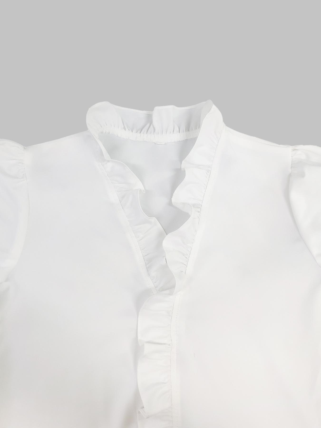 Women's Elegant V Neck Blouse with Ruffles, Loose-Fit Woven Shirt for All Seasons, Plain Pattern Casual Top for Office Wear