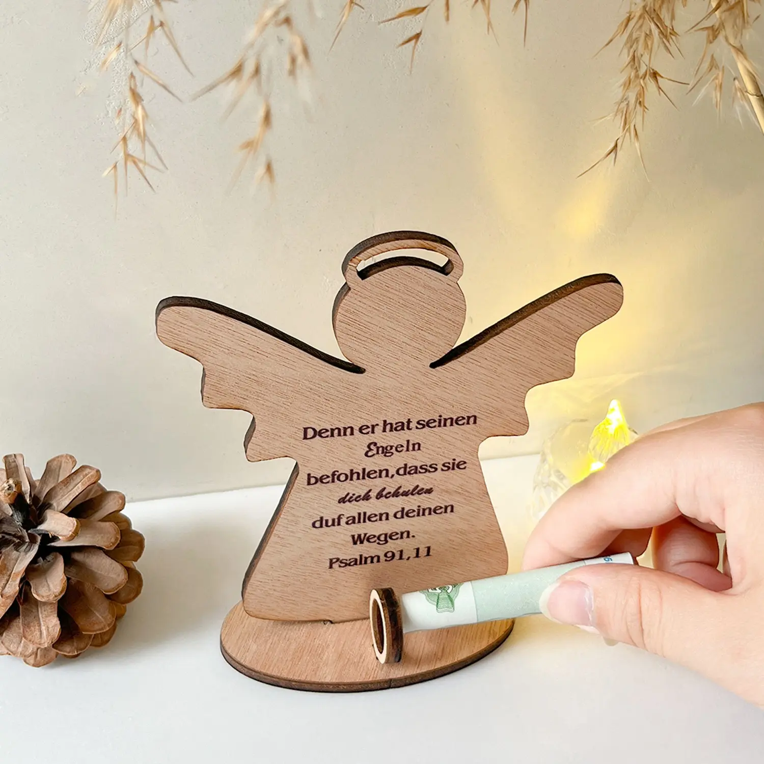 Personalized Baptism Gift, Wooden Angel Cash Holder, Religious Style, Handmade, Perfect for Baptism, First Communion, Wedding, Special Events