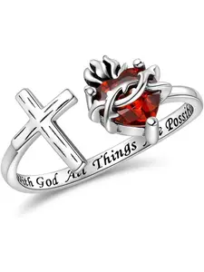 Retro distressed cross heart red zircon open ring, religious and motivational with English engraving, niche, adjustable, versatile for commuting, suitable for both men and women, a blessing and decorative jewelry