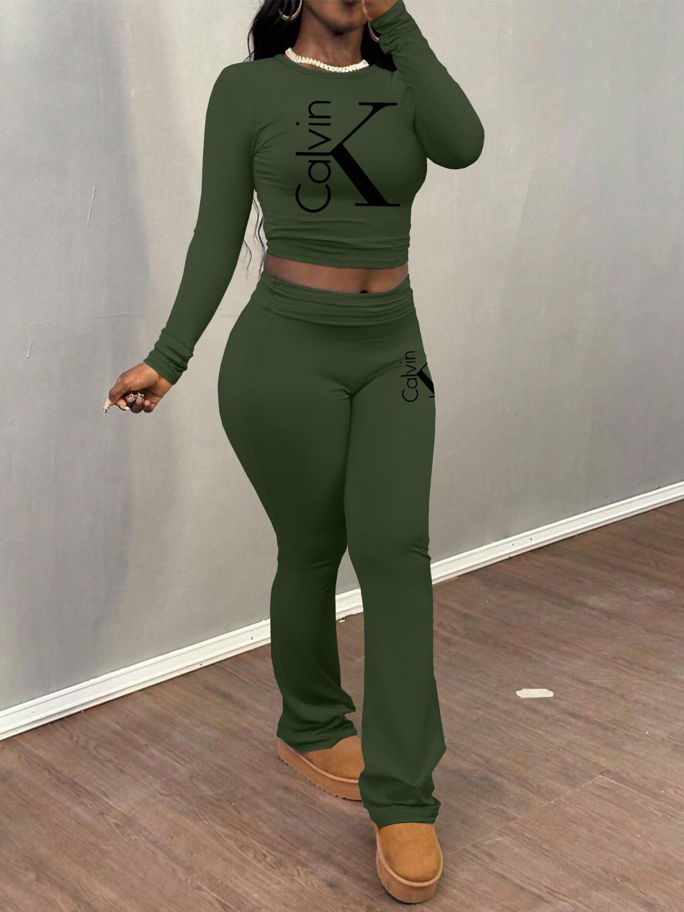 Cakvin Letter printing Women's Letter Print Long Sleeve Crop Tee & Plain Flare Leg Pants Two-Piece Set, Casual Fashion Cozy Round Neck Top & Bell Bottom Trousers for Daily Outdoor Wear, Women's Clothing for Fall & Winter