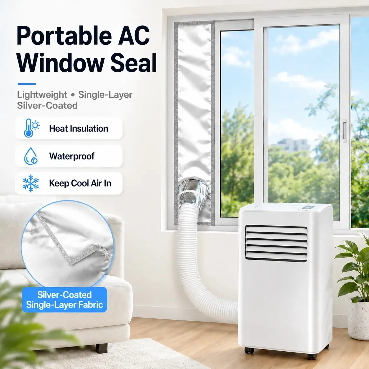 Portable Air Conditioner Sliding Door Vent Kit, Window Seal, 420D High Density Seal, Heat Reflective Silver Layer, 100% Sunblock, for Apartments & Patios