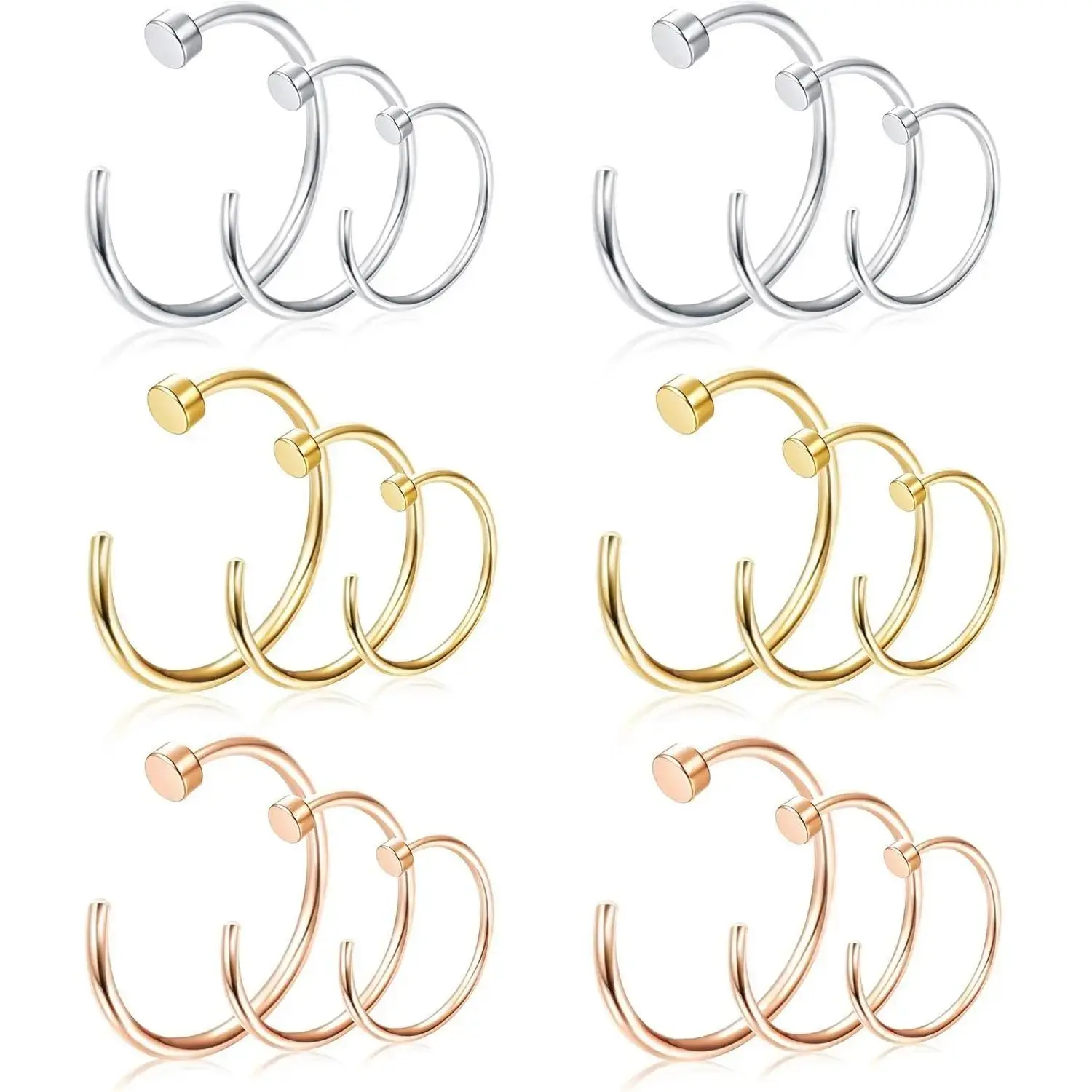 Unisex 22G Surgical Steel Hoop Piercing Jewelry Set, C-Shape Flat Disc Thin Nose Rings for Cartilage, Tragus Piercings, 18-27 Count Daily Ear Body Jewelry