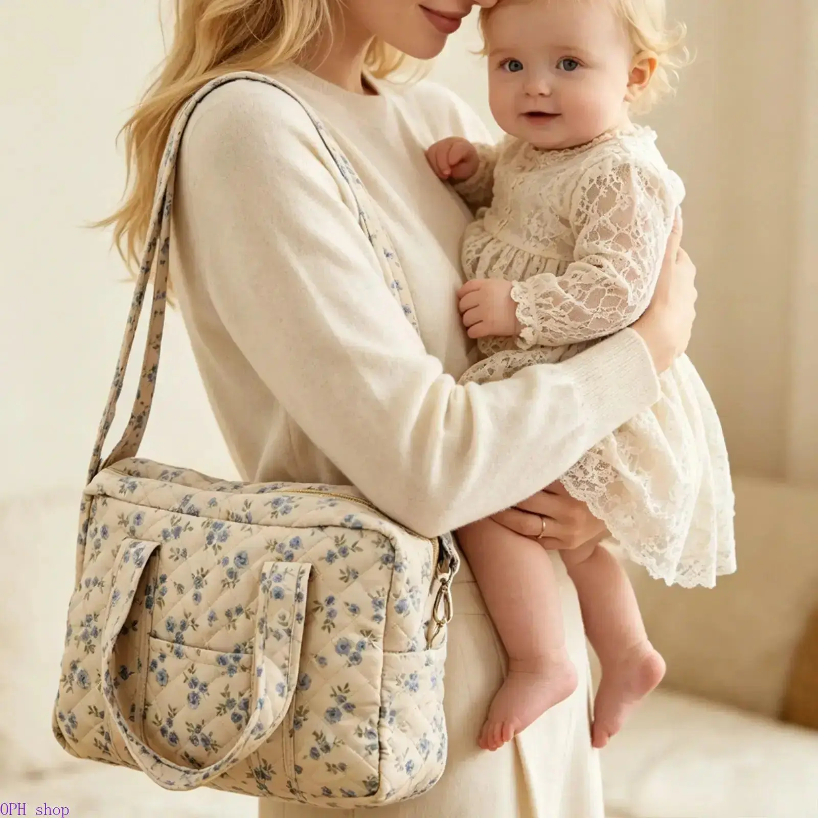 Quilted Polyester Diaper Bag Tote, Unisex High-Capacity Shoulder Bag, Lightweight Baby Organizer for Travel and Daily Outings