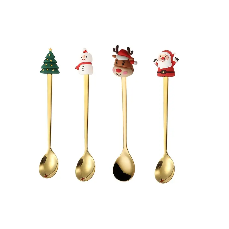 4Pcs Christmas Teaspoon Set, 6.8 Inch Premium Stainless Steel Small Spoons, Coffee & Dessert Spoons, Xmas Kitchen & Home Decor, Dishwasher Safe