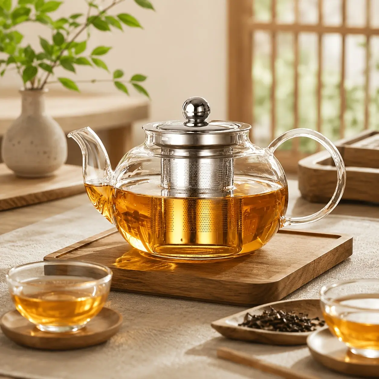 [Camping, Outdoor Use] Thick Borosilicate Glass Teapot & Kettle Suitable for Direct Boil, Large Capacity Compatible Pot with Removable Strainer, Heat Resistant for Tea, Camping, Outdoor Use, Fruit Brewing (No Lip Contact)