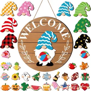Interchangeable Wooden Gnome Decor Holiday Seasonal Gnome Decorations with Magnet Pieces and Detachable Hats Changeable Welcome Sign  Home(Simple Style)