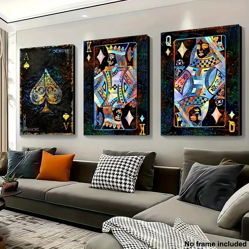 3pcs/set Unframed Canvas Prints, Poker Art Posters, Queen Card Posters, Fashionable Murals, Game Rooms, Bars, Offices, Living Rooms, Bedroom