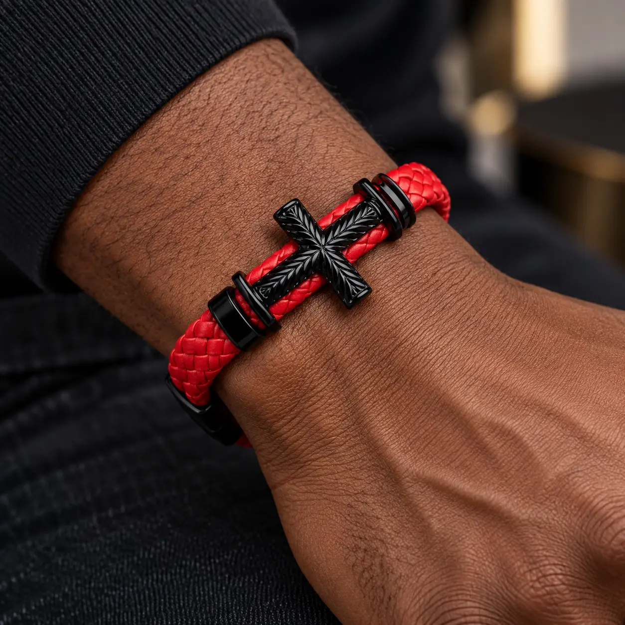 Men’s Red Braided Leather Cross Bracelet - Leather & Alloy, Black Cross Accent, Casual Everyday Wear Wristband