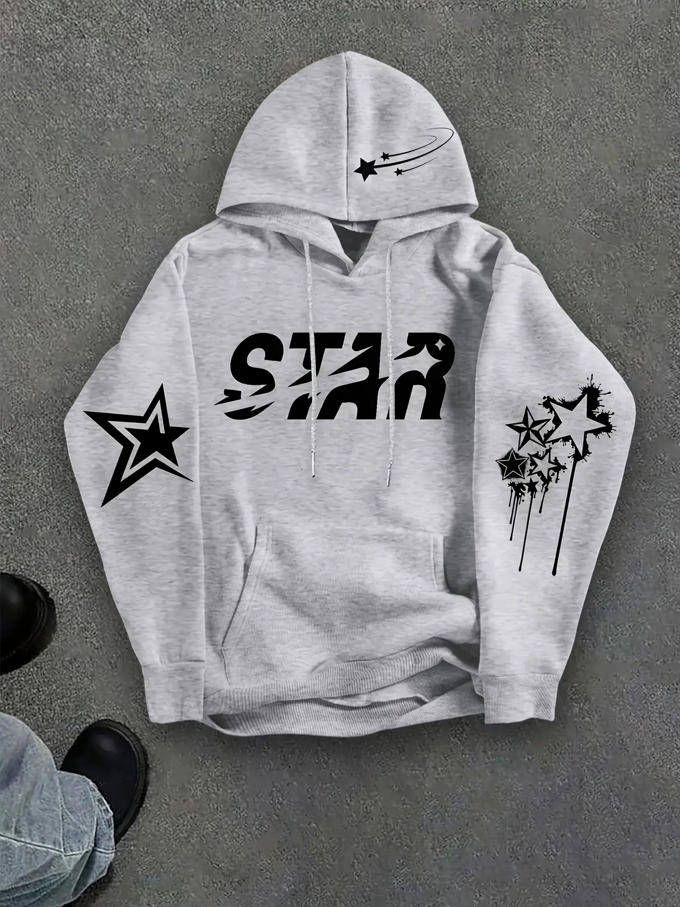 Unisex Loose Fitted Hooded Sweatshirt Pullover, Star Letter Print, Soft Anti-Wrinkle Medium Thickness, Fall Winter Casual Streetwear