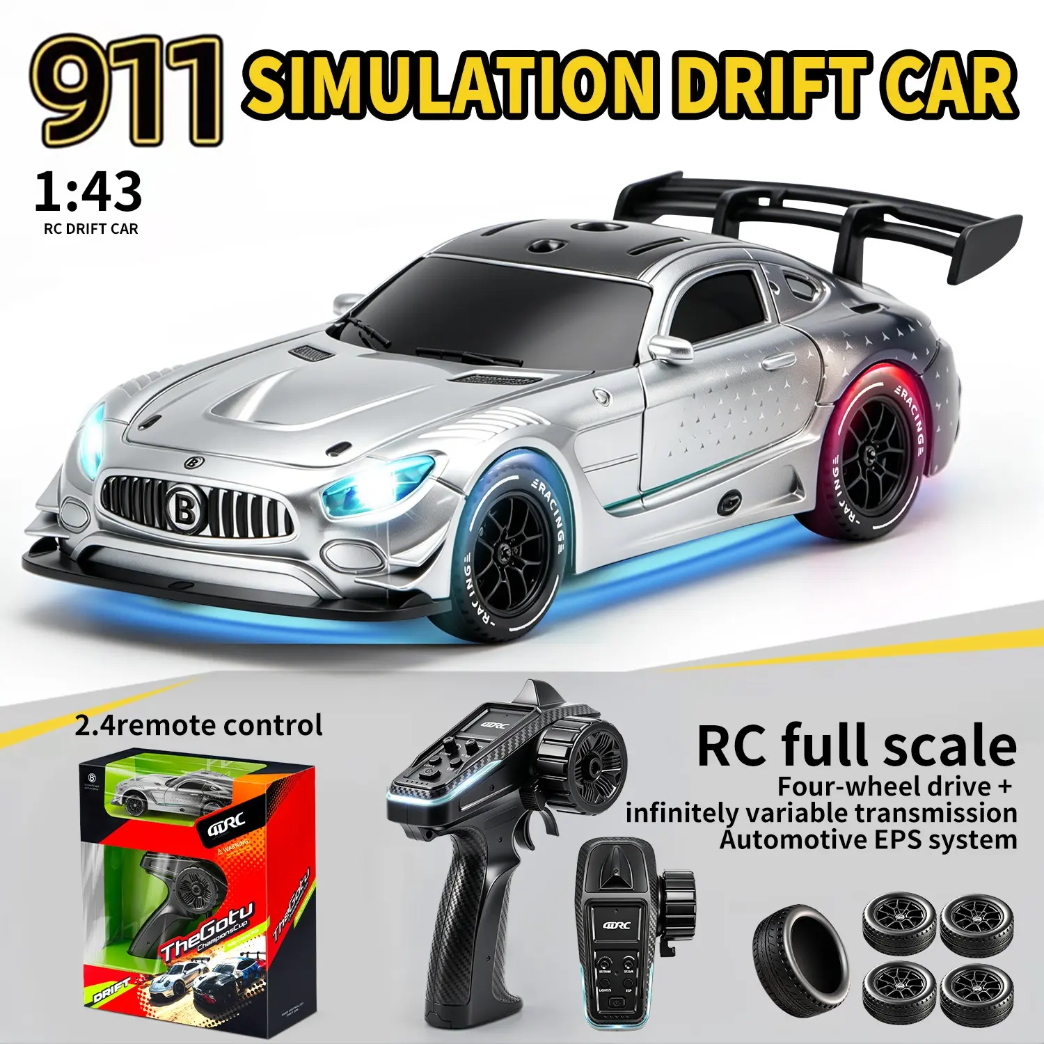 1 piece - Multi-color 2.4G remote control, half-scale/full-scale gyroscope. High-speed drifting car with cool LED lights. All wheels have independent shock absorption structure. Can switch between racing tires and drifting tires,boys toy, gifts