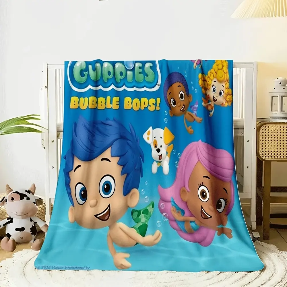 1pc Anti-Pilling Cotton Flannel Blanket - Cartoon Print Underwater Theme Bubble Guppies (Gil & Molly All Cast), Multi-Size Kid Room Decor, All-Season Cozy Travel Bedding, Ideal Birthday Gift for Preschoolers, Kid Rooms