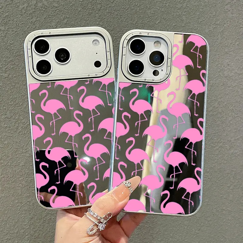 Pink Flamingo Silhouette Glossy Mirror iPhone Case | Electroplated Metal Frame + Floral Aesthetic | Shockproof 2-in-1 Case for iPhone 12–17 Series