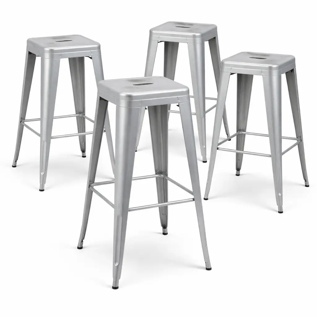 Moonlight Silver Metal Bar Stools Set of 4, 30" Sleek Tech Industrial Bar Height Stools, Metallic Silver Counter Barstools, Durable One-Piece Steel Chairs for Loft & Workshop