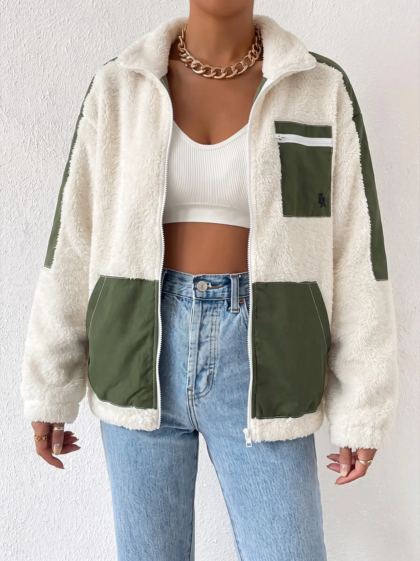 Women Color Block Patchwork Sherpa Fleece Zip Up Jacket, Stand Collar Contrast Green Pocket Loose Oversized Teddy Coat, Casual Street Warm Thick Fluffy Outerwear For Autumn Winter Daily Outfit