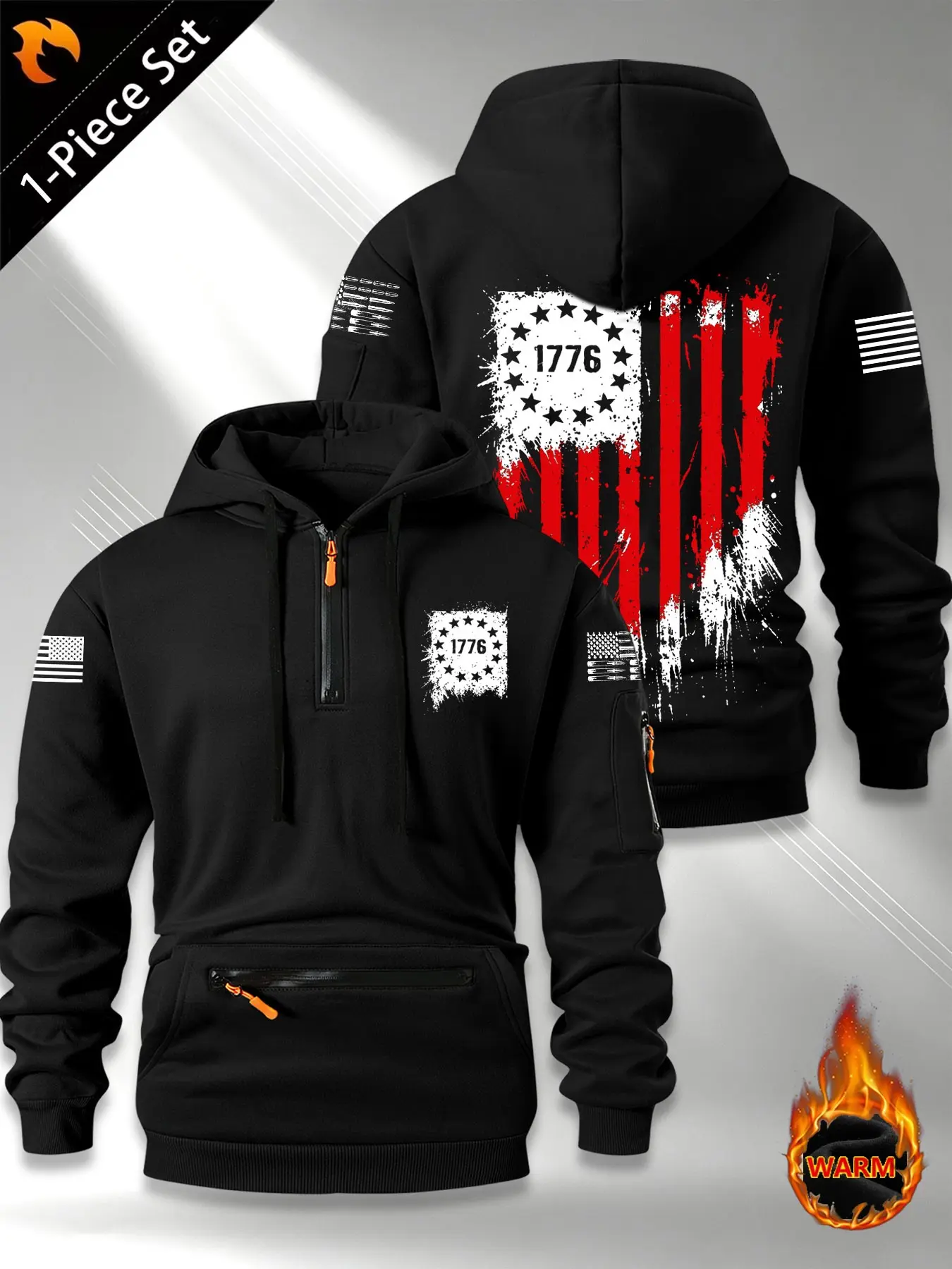 Men's Half-Zip Fleece Hoodie, Vintage Flag Print, Dual Zip Pockets, Fall & Winter Warm Top, Loose-Fit Minimalist Style
