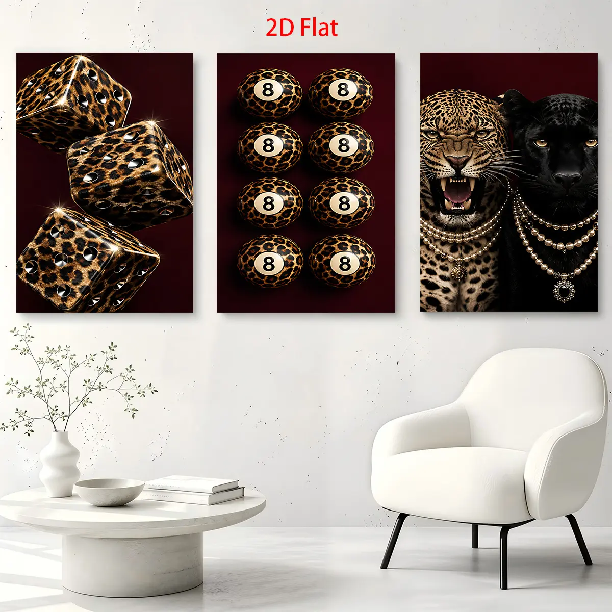 3-piece set of 2D flat leopard print dice billiards and two leopard-themed canvas wall art with necklaces, waterproof canvas painting, ready to hang, home room decoration gift, suitable for Father's Day, graduation, birthday, 4th of July, bCanvas Wall Art