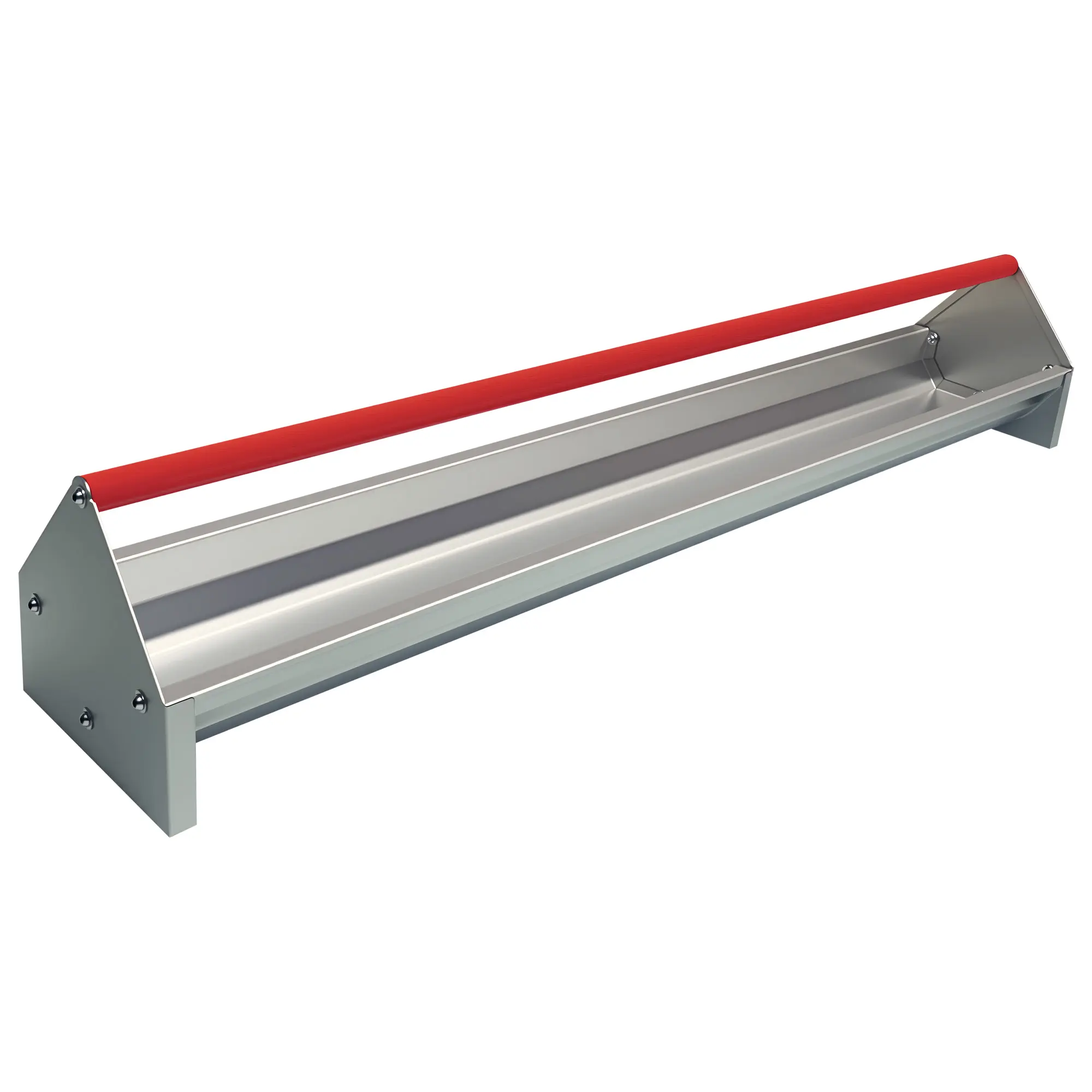 45-Inch Galvanized Steel Poultry Feeder, Dual-Side Feeding Trough, Rotating Crossbar, Silver Body with Red or Orange Bar