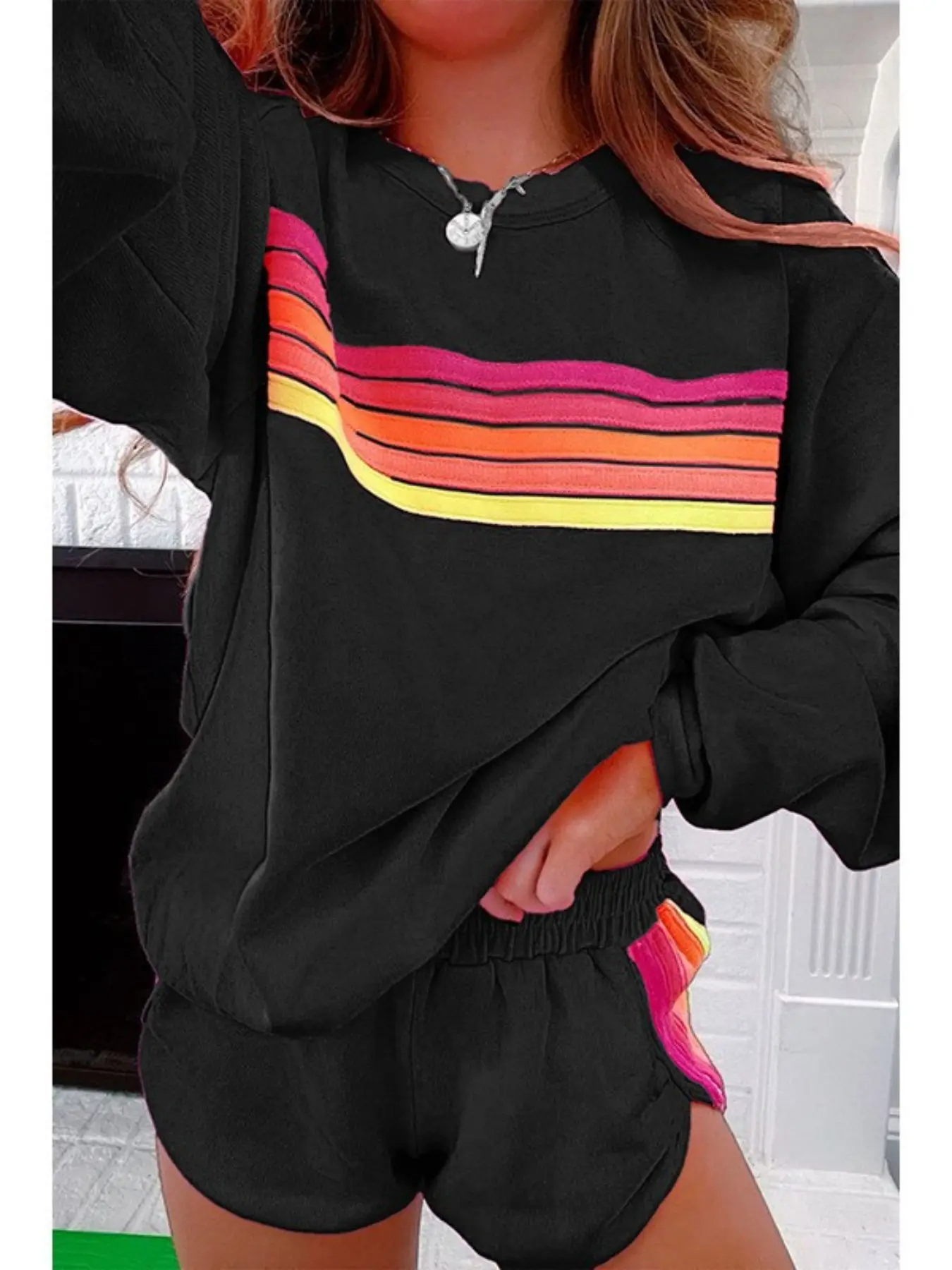 2026 Women's American Vintage Rainbow Stripes Slimming Sweatshirt Shorts Set, Streetwear Home Casual Four-Season