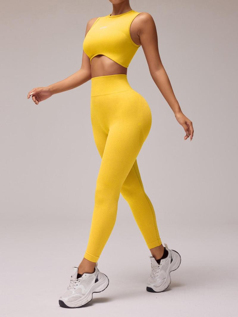 Two-piece Set Women's Letter Pattern Crop Tank Top & High Waist Leggings Tracksuit Set, Athleisure Wear Set, Casual Comfy Breathable Seamless for Yoga Gym Workout Running, Ladies Sportswear for All Seasons