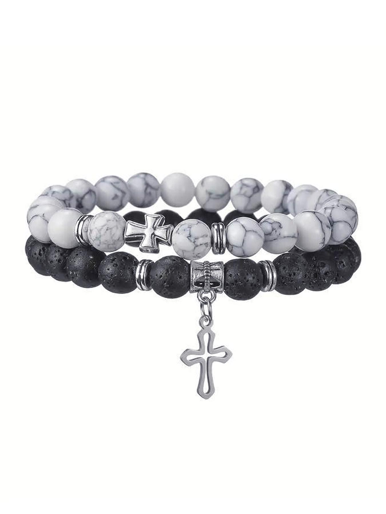 Stone & Cross Charm Decor Beaded Bracelets Set, Fashionable Jewelry for Women & Men, Trendy All-match & Exquisite Jewelry for Birthday Gift, Stackable Bracelets