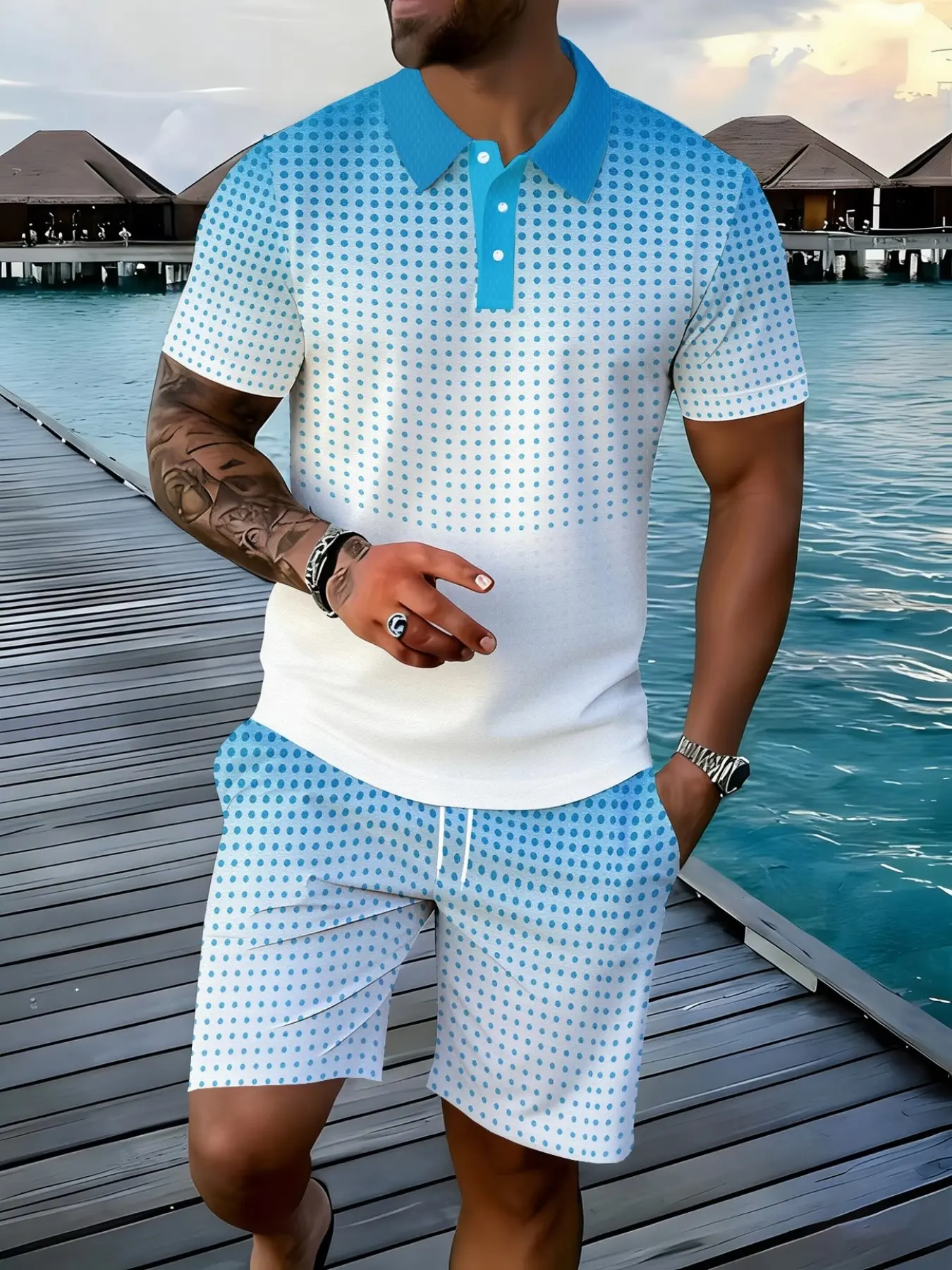 Digital Print Geometric Polo Shirt and Shorts Set, Summer Casual Fashion Streetwear, Two-Piece, Short Sleeve, Knee-Length, All Seasons