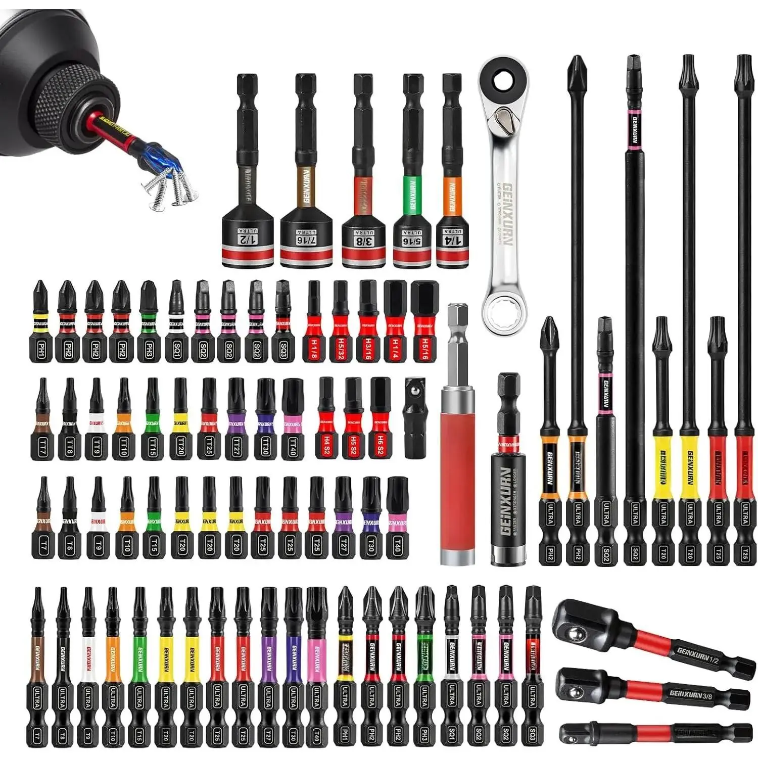 82 count Impact  Bits Set,  S2 Steel Phillips/Square/Torx/Hex Insert Power Bits Tips with Impact Bit Holder and Impact Nut Driver and Mini Wrench