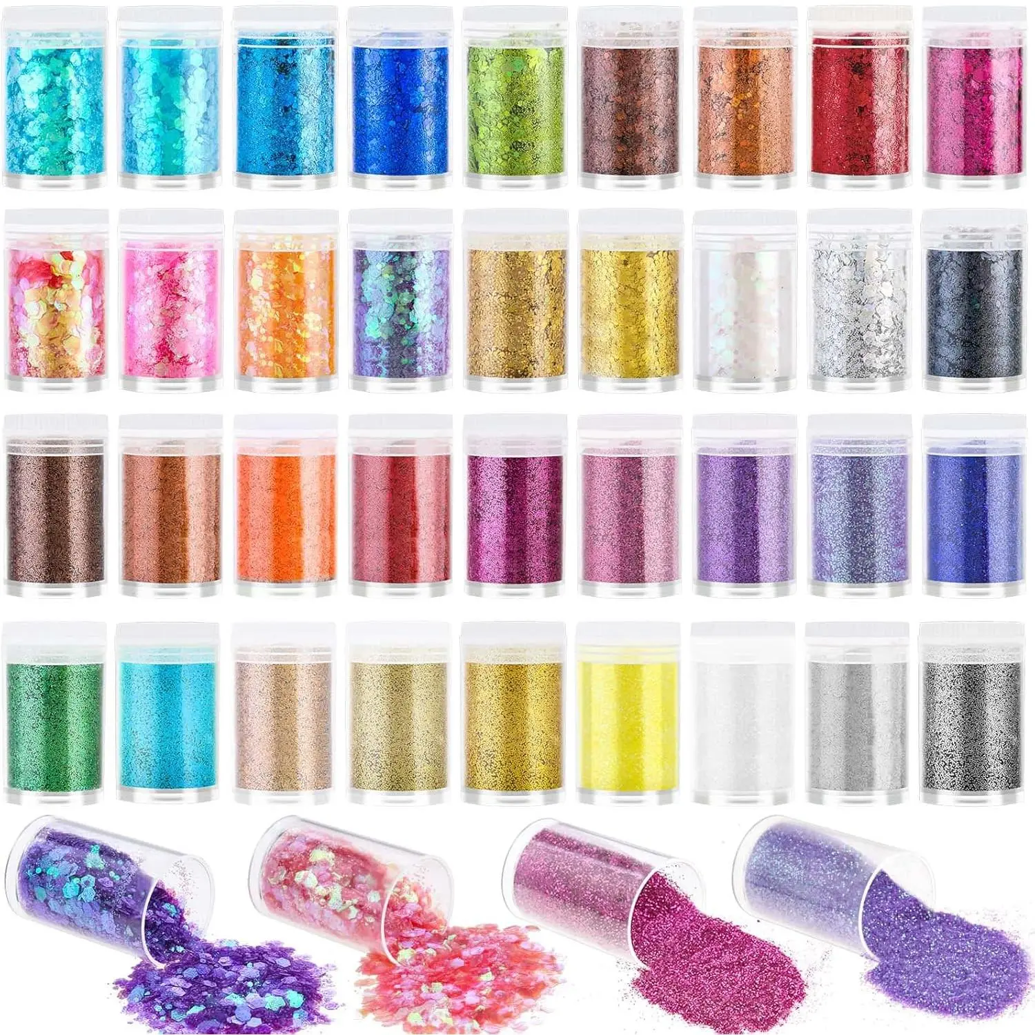 36-Pcs Holographic Glitter Powder Pack - 18 Assorted Colors, Fine & Chunky Textures, Sequins for Resin, Tumblers, Nail Art, Adds Sparkle (Beauty & Personal Care Nail Accessory)
