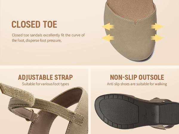 Athlefit Women's Closed Toe Sandals Comfort Cork Footbed Arch Support Flat Sandals Footwear Walking Shoes Black Summer