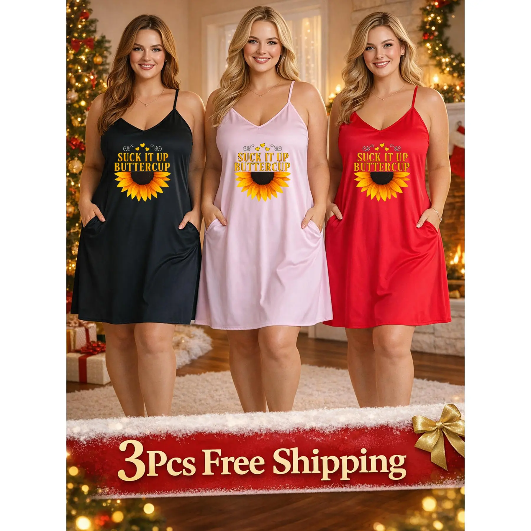 Women's Plus-Size Summer Pajamas  Nightgowns Polyester V-neck Short-Sleeve Spaghetti-Strap Dress with Pockets Featuring a Sunflower Pattern and Suck it up buttercup Lettering Breathable Comfortable Loungewear for Fun Nighttime Outfits