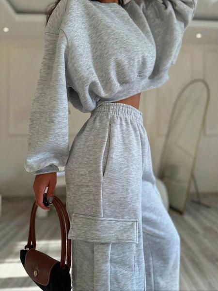 Women's Fashion Casual Two-Piece Set, Chic Round Neck Long Sleeve Sweatshirt & Elastic Waist Pants with Side Pockets, Spring & Fall