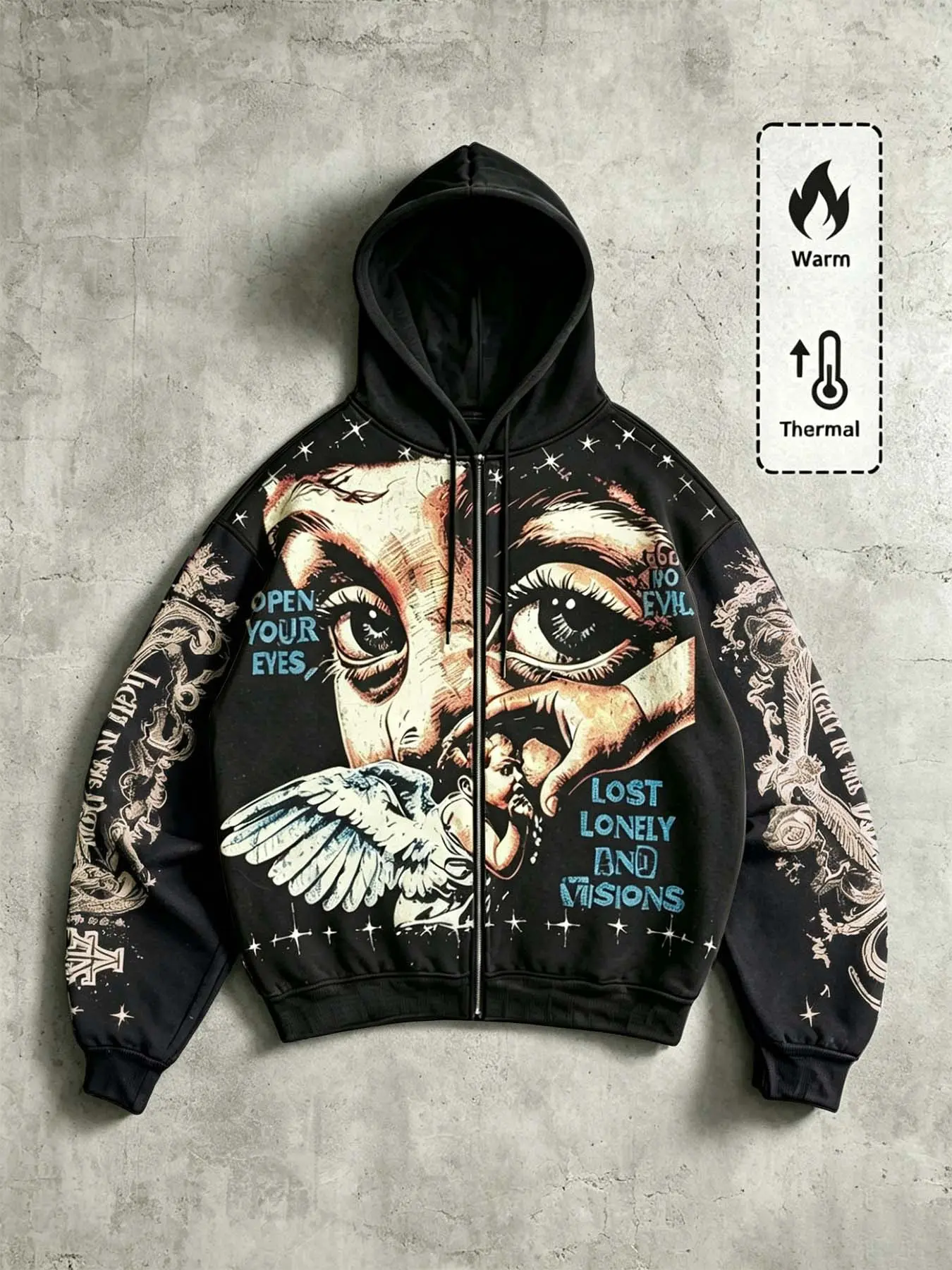 Men's Vintage Angel Eye Pattern Hooded Zipper Sweatshirt, Y2K Gothic Streetwear Casual, Long Sleeve Loose Fit, Fall & Winter Warm Jacket