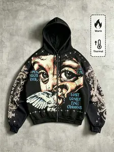 Men's Vintage Angel Eye Pattern Hooded Zipper Sweatshirt, Y2K Gothic Streetwear Casual, Long Sleeve Loose Fit, Fall & Winter Warm Jacket