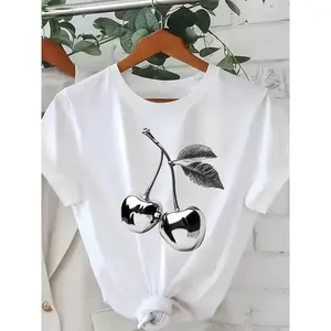 A Fresh And Modern Silver Cherry Pattern Printed Women'S Round Neck Short Sleeve T-Shirt for Spring And Summer