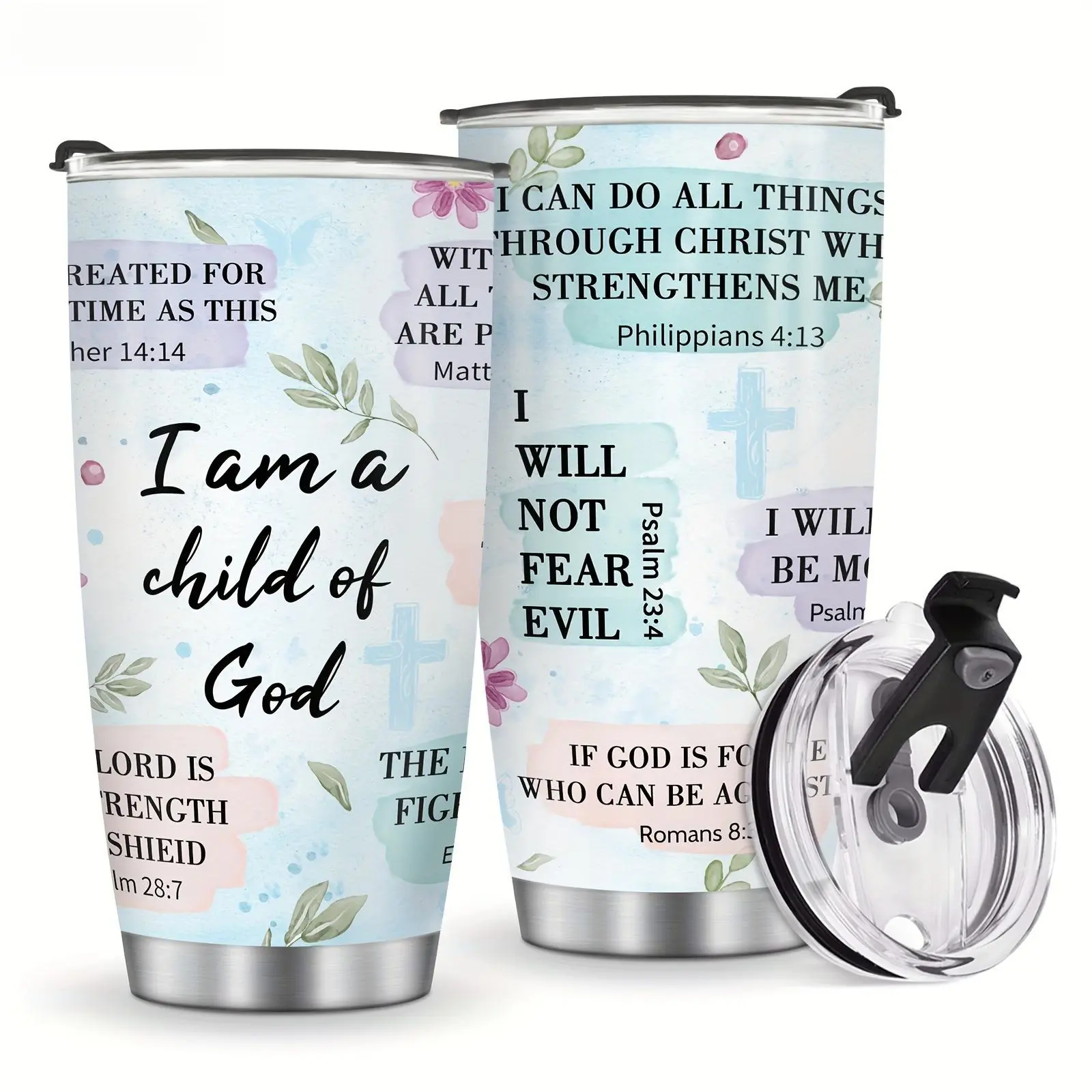 I Am A Child Of God Bible Verse Watercolor Floral Cross Stainless Steel Tumbler Double Sided Insulated Travel Mug Religious Christian Faith Encouragement Gift