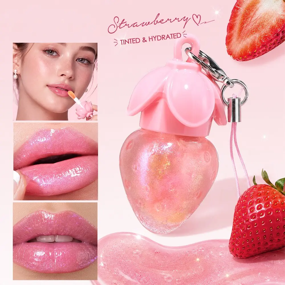 Color Changing Pearl Shimmer Lip Gloss, Mini Strawberry Keychain Lip Oil, Hydrating Long Lasting Lip Gloss, Clear Base Turns Pink with Lip Temperature & PH Value