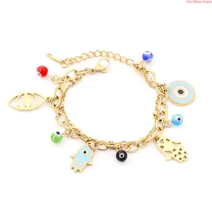 Gold Plated Stainless Steel Evil Eye Hamsa Hand Charm Bracelet, Multi Color Evil Eye Bead Chain Bracelet with Extension Adjuster, Lucky Protection Amulet Jewelry Gift for Women