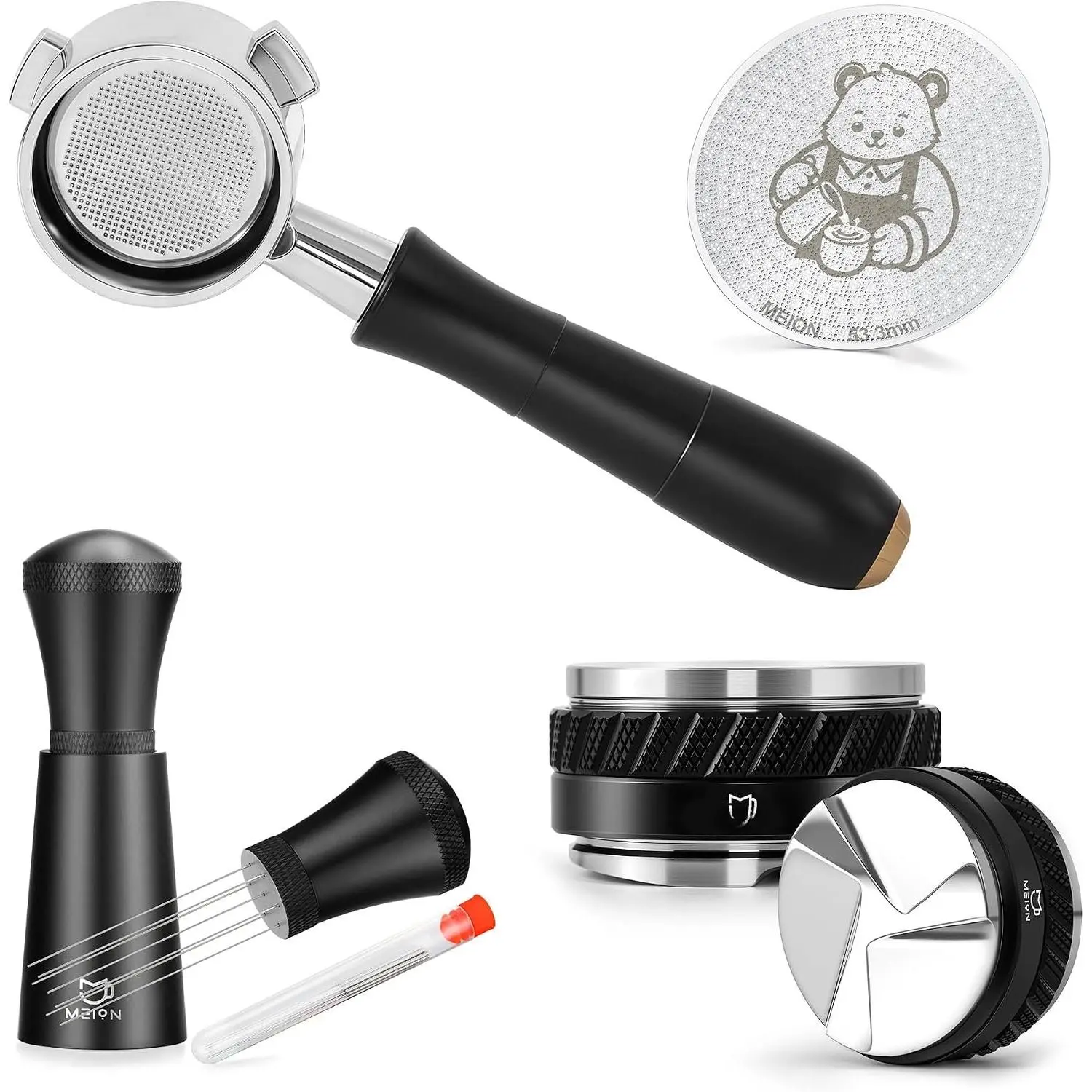 54mm Espresso Accessories Kit for  Espresso Machines, Includes Bottomless Portafilter, Double-sided Coffee Distributor & Tamper, Espresso Stirrer and Thin 0.8mm Puck Screen (Black, 54mm)