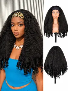 Afro Kinky Curly Headband Wig Synthetic Braided Hair Texture with Unique Bouncy Curls in the End Black 24 Inch Soft Curly Voluminous Headband Wigs for Black Women
