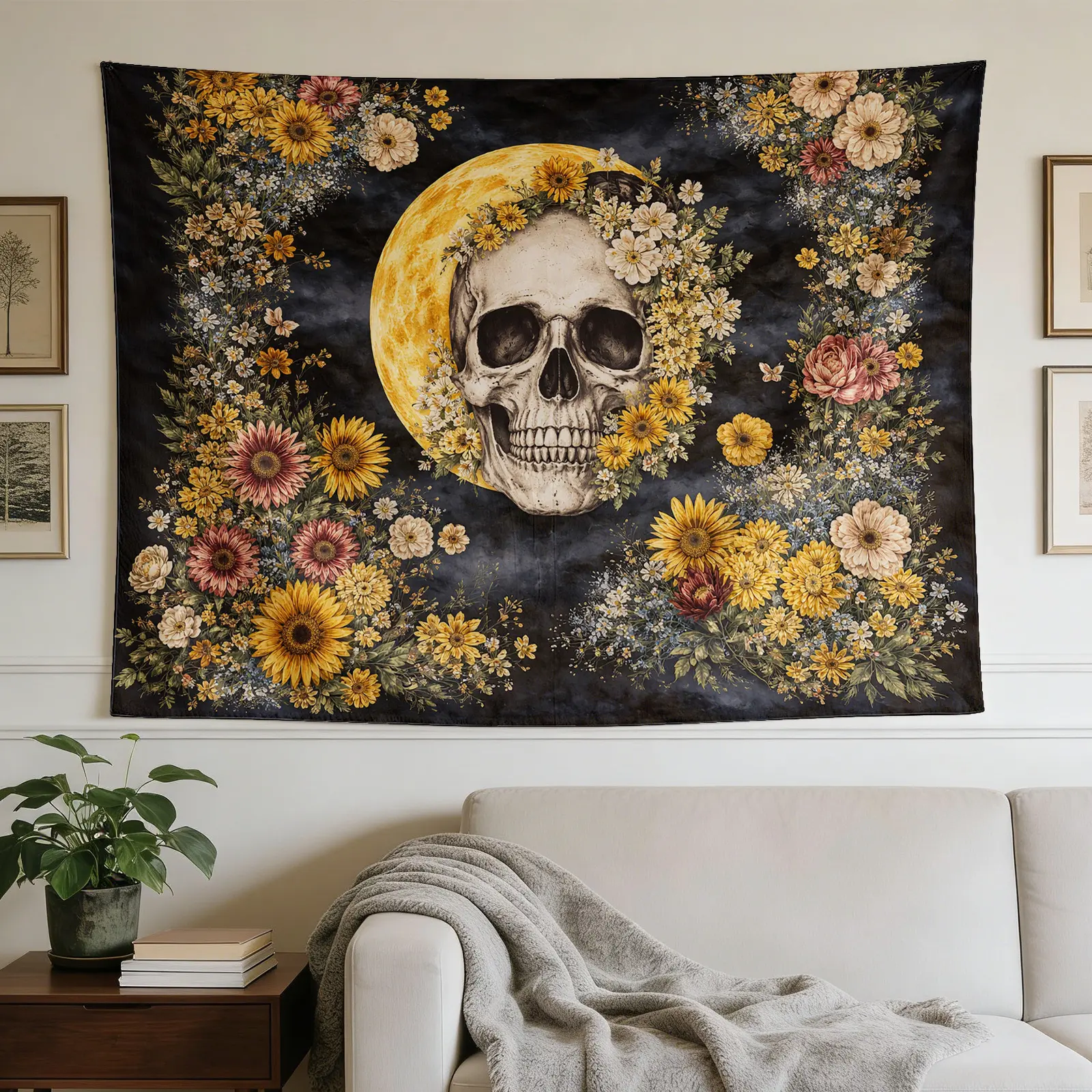 Kull Moon and Flowers Printed Tapestry with Dark Background - Home Decor Wall Hanging for Wedding Backdrop, Photography Props, Birthday Gifts, Room Decor
