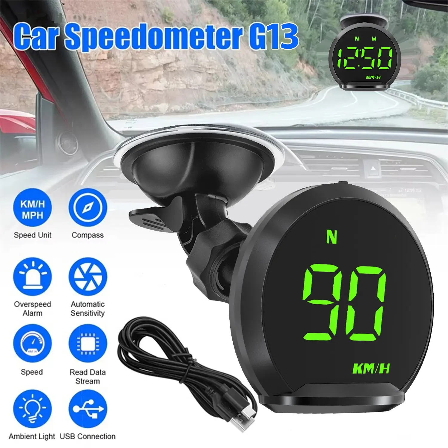 G13 GPS Speedometer Hud Portable Display, Colorful Font, Car Dashboard Mount, Plug-And-Play, Over-Speed Alert, Fatigue Driving Reminder