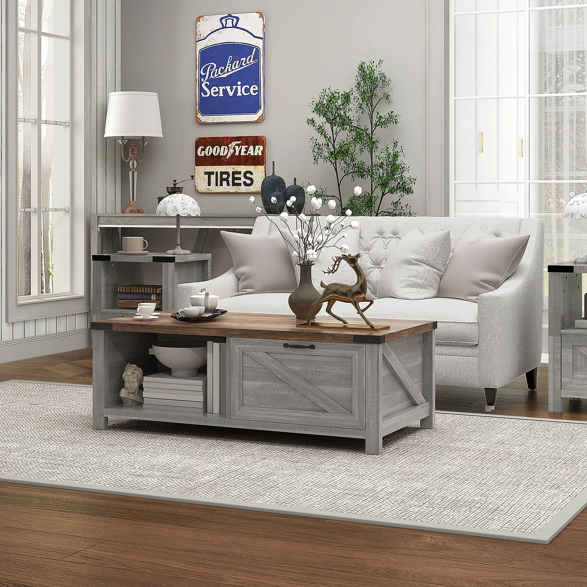 Farmhouse Coffee Table with Storage, Living Room Center Table with Drawer and Open Shelf, Rustic Wood Accent Table, Modern Farmhouse Sofa Table, Distressed Gray Finish, Storage Cabinet Table for Living Room, Apartment & Home