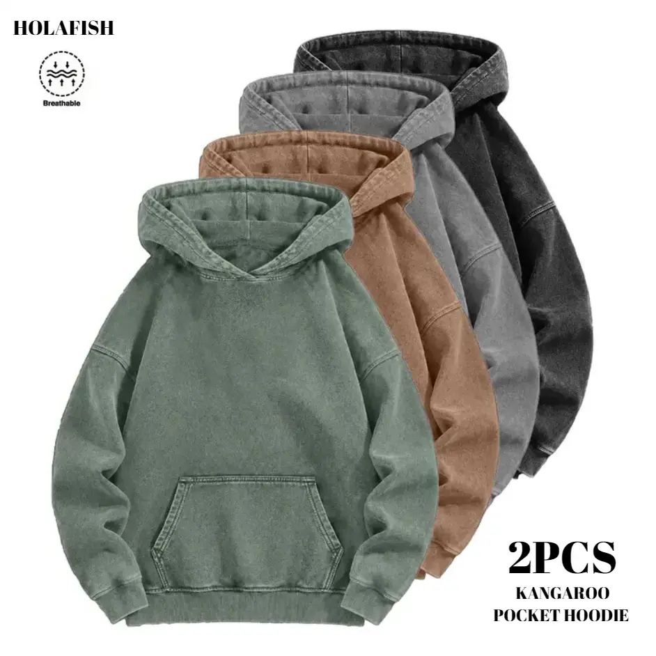 Holafish 2 PCS Men's Heavyweight Acid-Wash Pure Cotton Hooded Sweatshirt - Acid Wash Hoodie, Casual Pullover Sweatshirts, Mens Clothing, Unisex Style for Autumn Winter, Hoodies to Buy,clothes for back to school,first day of school outfits