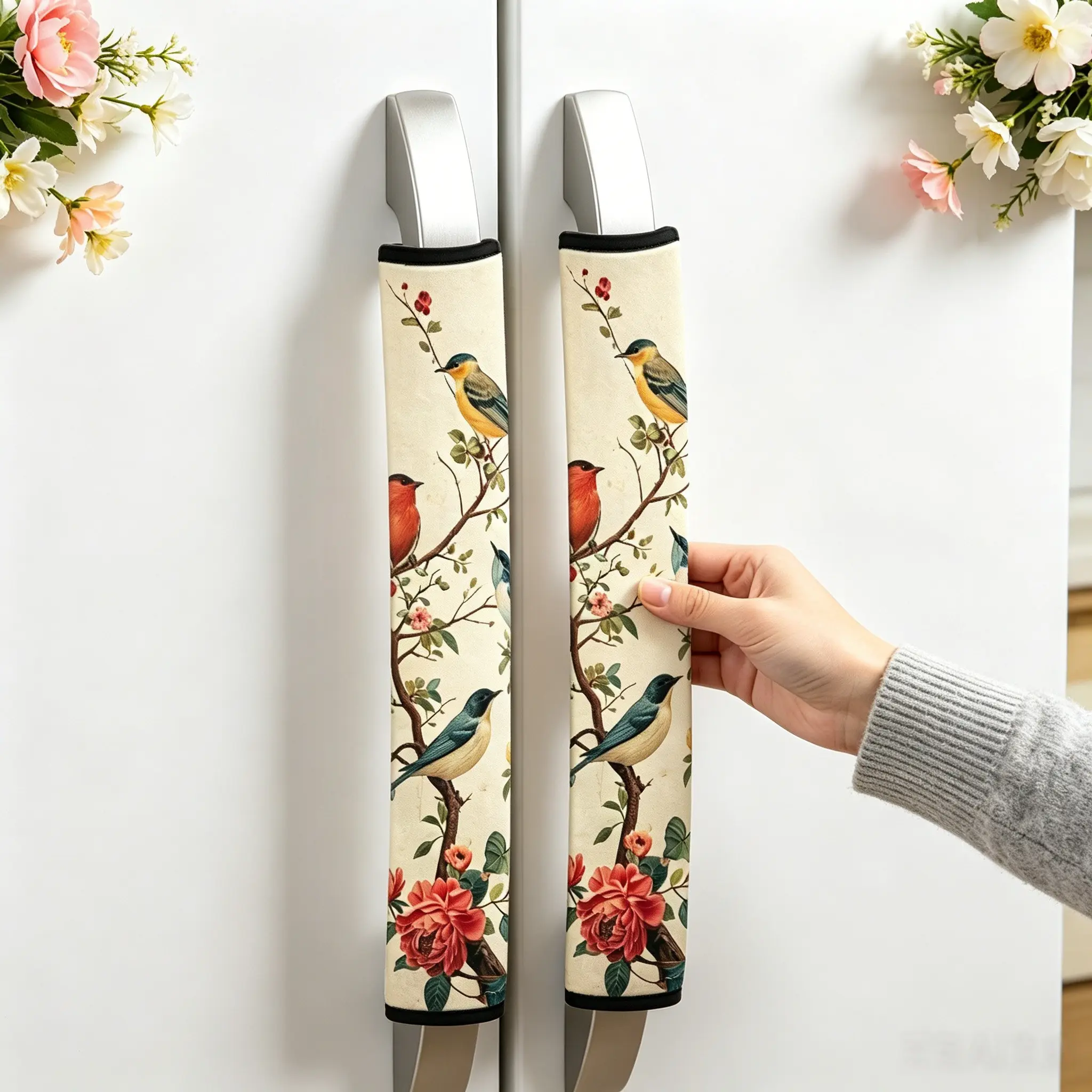 2-Piece Microwave & Refrigerator Handle Covers Set, Vintage Watercolor Floral Bird Design, Kitchen Appliance Decor,