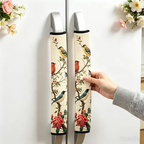 2-Piece Microwave & Refrigerator Handle Covers Set, Vintage Watercolor Floral Bird Design, Kitchen Appliance Decor, Decorative Cover