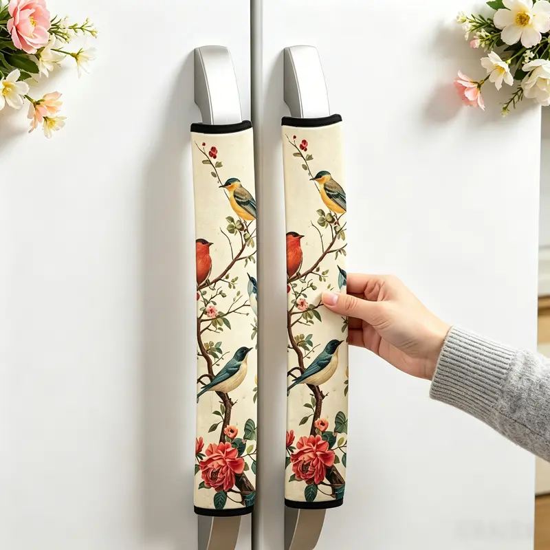 2-Piece Microwave & Refrigerator Handle Covers Set, Vintage Watercolor Floral Bird Design, Kitchen Appliance Decor, Decorative Cover