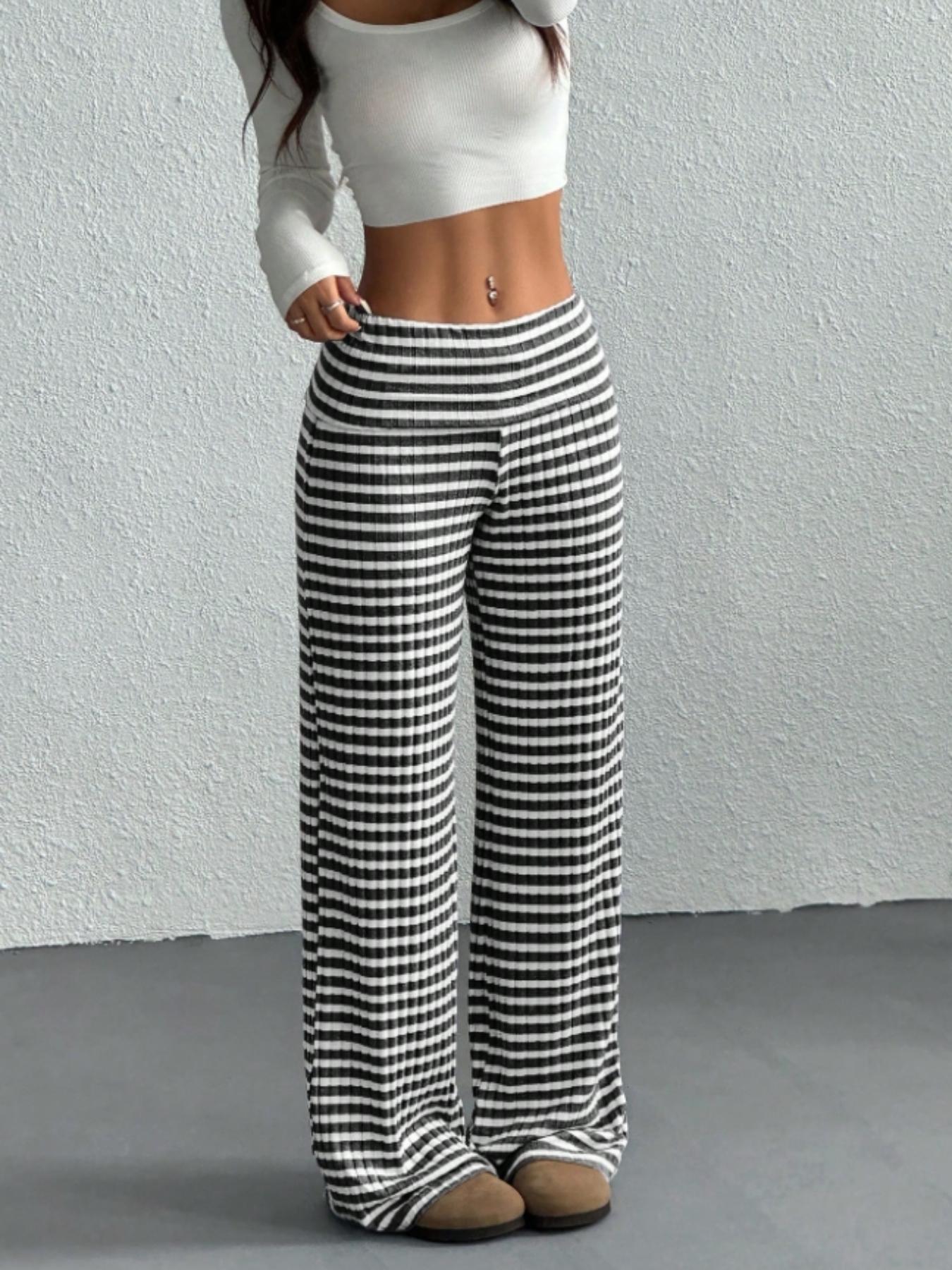 Women's Striped Casual Low Waist Pants, Fashionable Knitted Long Trousers for Daily Wear, Stylish Ladies' Clothing
